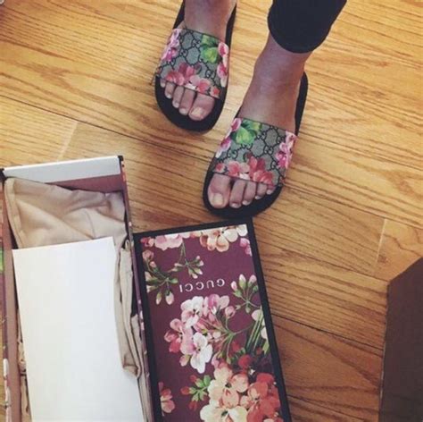 gucci bloom blue slides|gucci floral slides outfit.